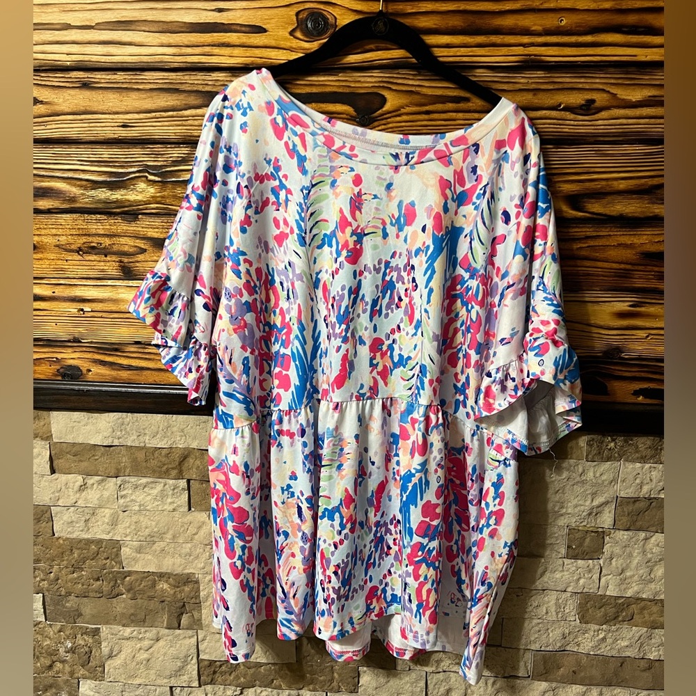 Plus Size Blue Pink Watercolor Babydoll Tunic 3X NEW